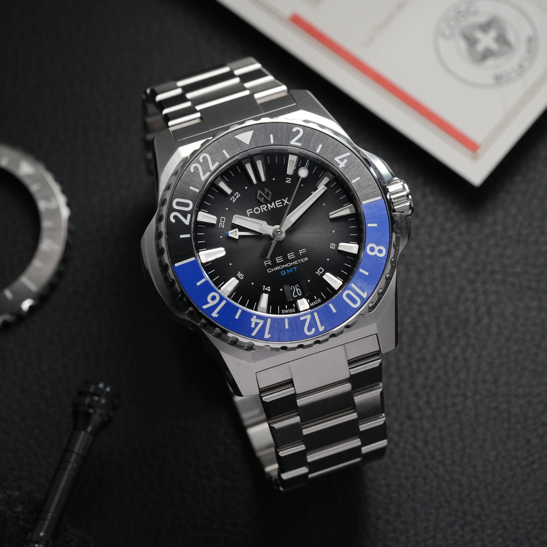 FORMEX 鋒美時 REEF GMT 42mm 自動機械錶 藍黑陶瓷圈 黑面藍字鋼鏈 台灣總代理公司貨